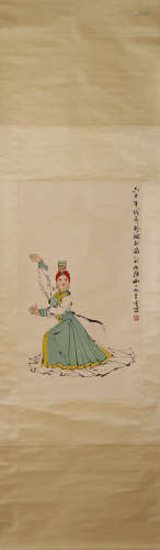 Chinese Dangcing Lady Painting Hanging Scroll, Ye Qianyu Mar...