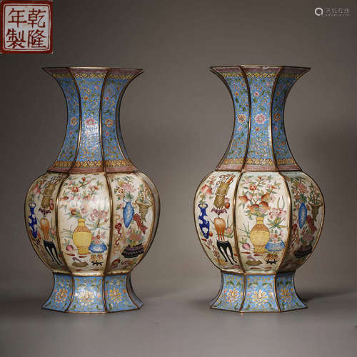 Qing Dynasty painted enamel vase with eight treasures