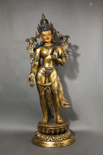 Standing gilt bronze Guanyin statue