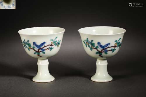 Blue and white flower and bird cup