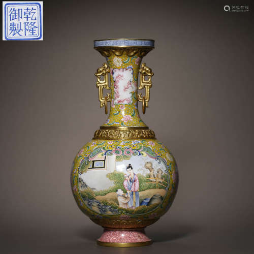 Qing Dynasty painted enamel figure bottle