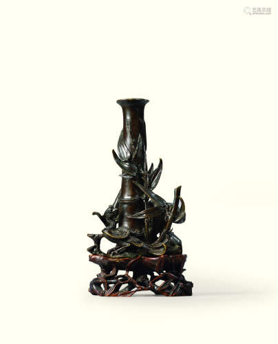 十七世纪 铜錾凤凰灵芝竹节式香插