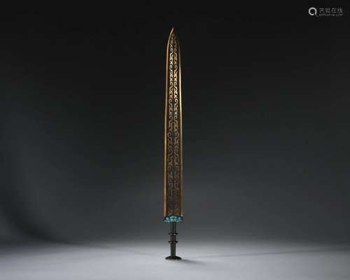 A Chinese Silver Inlaid and Partly Gilt Bronze Sword