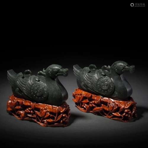 Pair Chinese Carved Jasper Jade Mandarin Ducks Qing