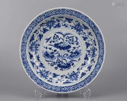 A Chinese Blue and White Lotus Pond Dish Yuan Dyn.