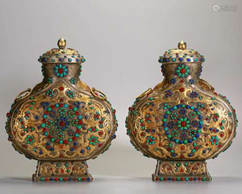 Pair Chinese Hard-stones Inlaid Bronze-gilt Vases Qing