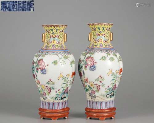 Pair Chinese Famille Rose Floral Vases Qing Dyn.