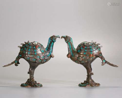 Pair Chinese Silver Inlaid Partly Gilt Peacocks Qing
