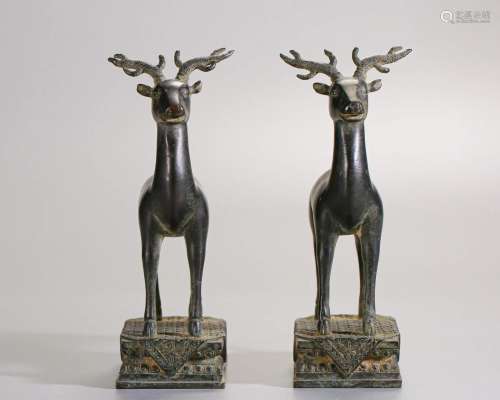 Pair Chinese Bronze Deers Qing Dyn.