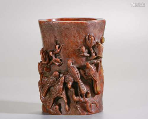 A Chinese Carved Shoushan Brushpot Qing Dyn.