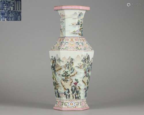 A Chinese Famille Rose Landscape Vase Qing Dyn.