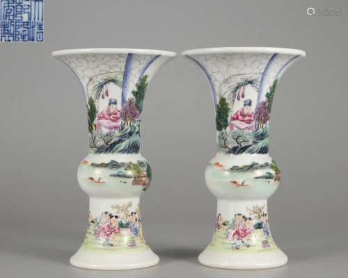 Pair Chinese Famille Rose Figures Beaker Vases Qing