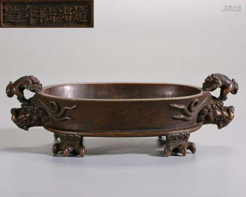 A Chinese Bronze Censer with Double Handles Qing Dyn.