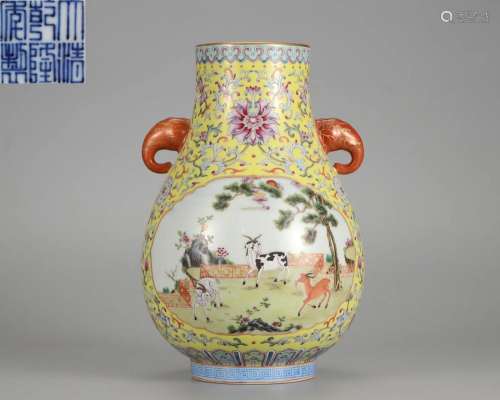A Chinese Famille Rose Rams Zun Vase Qing Dyn.