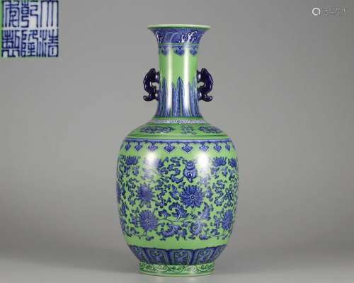 A Chinese Green Ground and Underglaze Blue Vase Qing