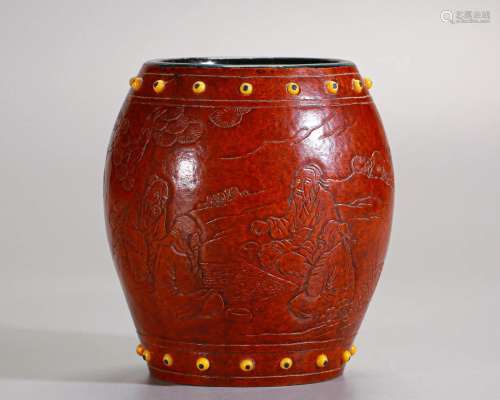 A Chinese Carved Wooden Jar Qing Dyn.