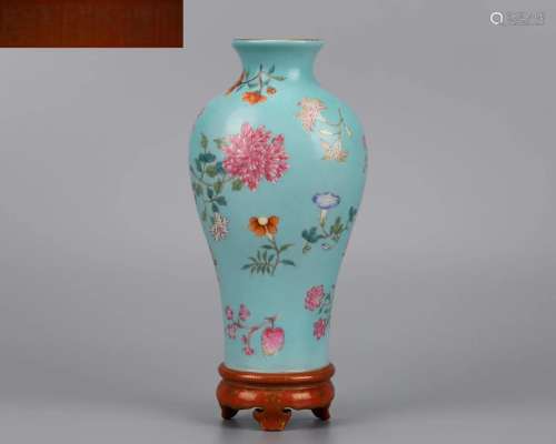 A Chinese Turquoise Ground and Famille Rose Vase