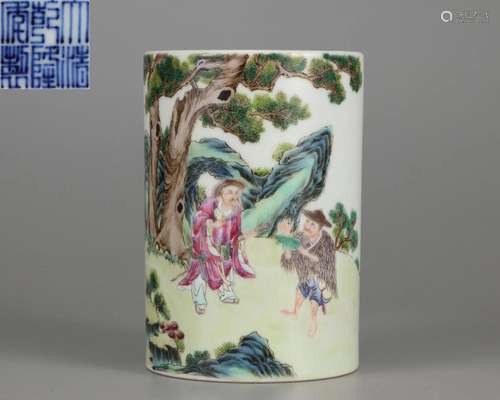 A Chinese Famille Rose Figures Brush-pot Qing Dyn.