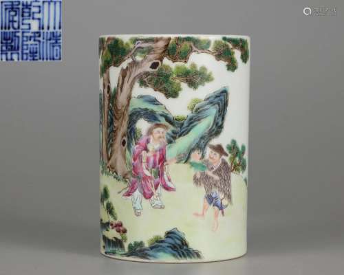 A Chinese Famille Rose Figures Brush-pot Qing Dyn.