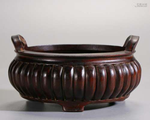 A Chinese Carved Rosewood Censer with Double Handles