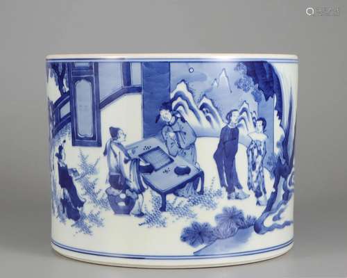 A Chinese Blue and White Figures Brushpot Qing Dyn.