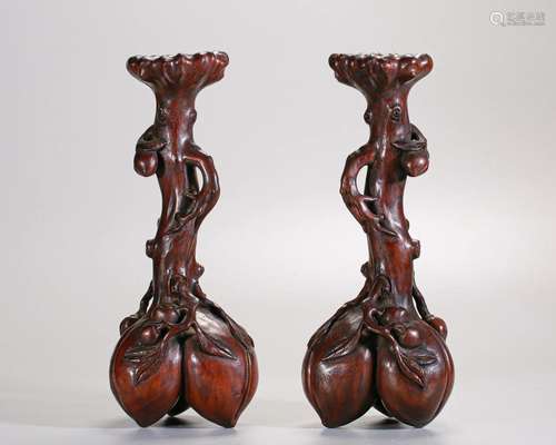 Pair Chinese Carved Aloes-wood Incense Holder Qing Dyn.