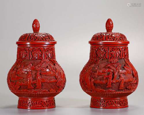 Pair Chinese Carved Cinnabar Lacquer Tea Caddies Qing