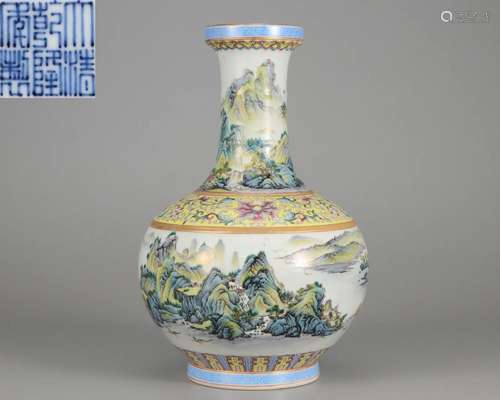 A Chinese Famille Rose Landscape Vase Qing Dyn.