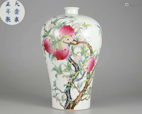 A Chinese Famille Rose Peaches Vase Meiping Qing Dyn.