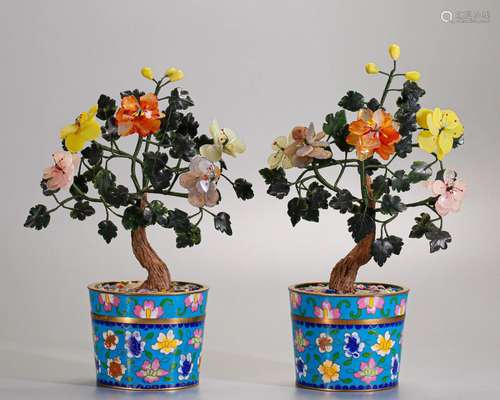 Pair Chinese Cloisonne Enamel Bonsai Qing Dyn.