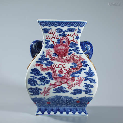 Blue and white underglaze red double ear statue