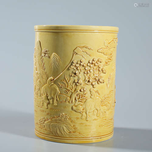 Yellow glaze relief pen holder