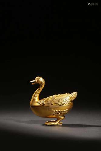 Ming Dynasty: A Gilt Bronze Duck Container
