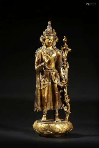 Qing: A Gilt Bronze Standing Guanyin Statue
