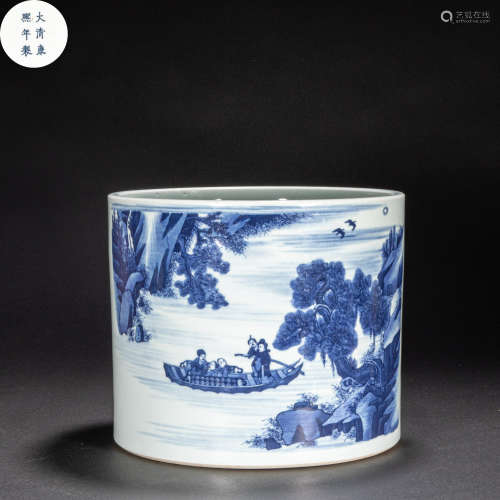 CHINESE BLUE AND WHITE PEN HOLDER, QING DYNASTY
