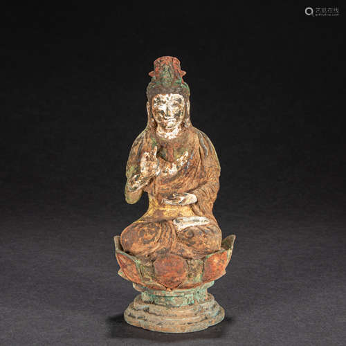 CHINESE BRONZE PAINTED BUDDHA STATUE, LIAO AND JIN PERIOD