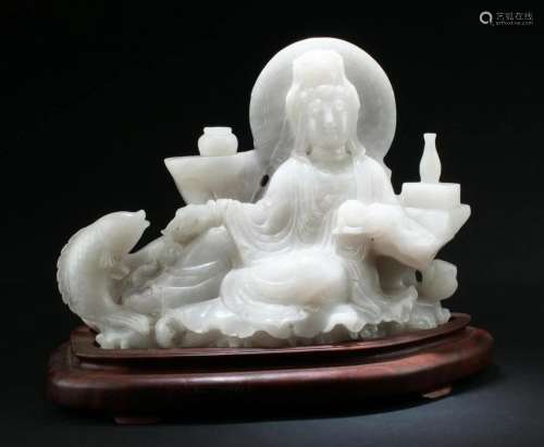 A Large Chinese Jadestone Guanyin Carving with Sta