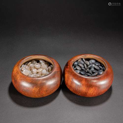CHINESE ROSE WOOD WEIQI POT WITH AGATE WEIQIS
