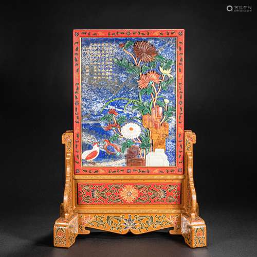 CHINESE LAPIS LAZULI SCREEN INLAID WITH MANY TREASURES, QING...