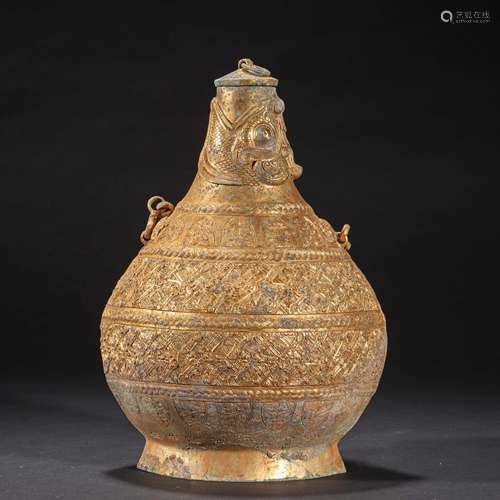 CHINESE BRONZE GILT POT, TANG DYNASTY