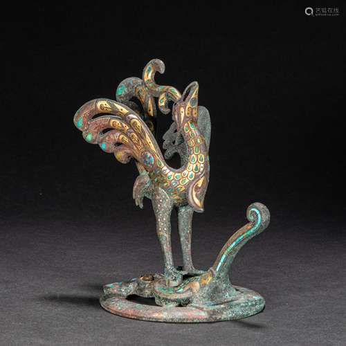 CHINESE BRONZE PHOENIX INLAID WOTH GOLD, WARRING STATES PERI...