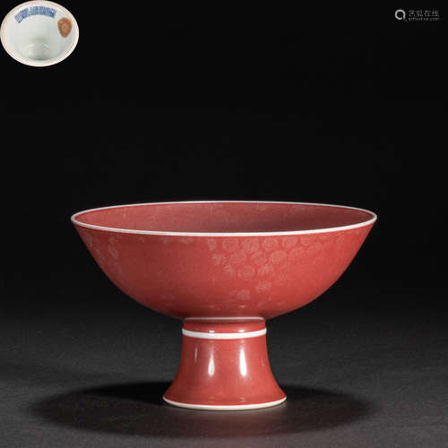 CHINESE RED-GLAZED HIGH-FOOT BOWL, QING DYNASTY