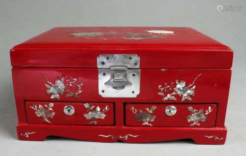 A Red Color Lacquer Jewelry Box with Mother-of-Pea