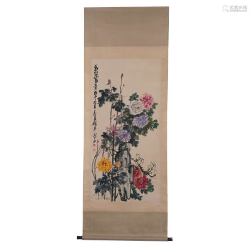 A CHINESE SCROLL PAINTING OF COLORFUL FLOWERS