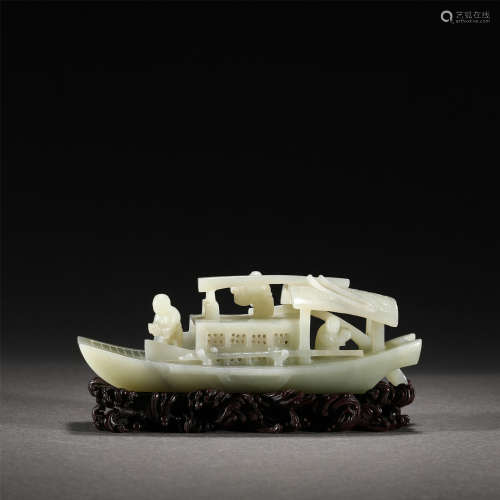 A WHITE JADE BOAT DECORATIONS WITH PEDESTAL