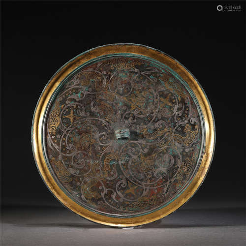 A GILT BRONZE MIRROR WITH GLOD AND SILVER PAINTED