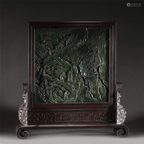 A JASPER CARVED FIGURE STORY TABLE SCREEN