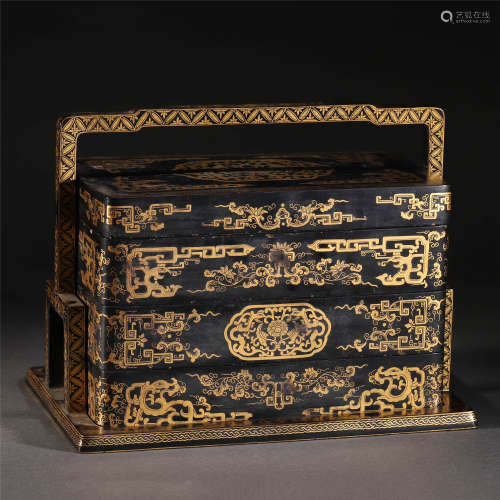 A BLACK LACQUER GOLD PAINTED HANDLE BOX
