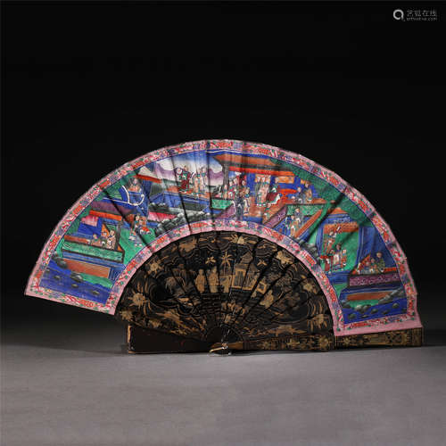 A LACQUERWARE FOLDING FAN WITH GOLD PAINTED