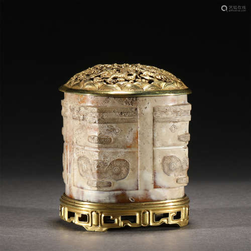 AN INCESEN CAGE WITH GILDING COVER AND PEDESTAL